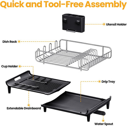 TOOLF Expandable Dish Rack - Stainless Steel Dish Drying Rack with Cutlery Holder | Large & Foldable, Black