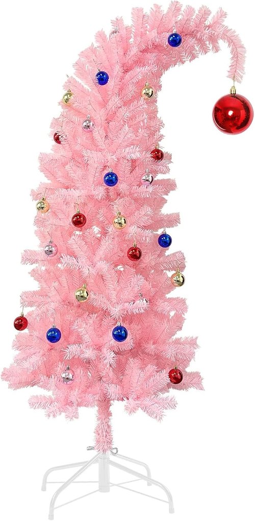 Hatisan 5FT Artificial Pink Christmas Tree - Bent Design with Ball Ornaments & Metal Base for Holiday Decor