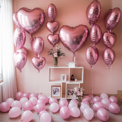 Skiennix Pink Heart Balloons - 19PCS Mylar Heart-Shaped Balloons for Girls' Birthday & Wedding Decor | 18" & 10" Sizes