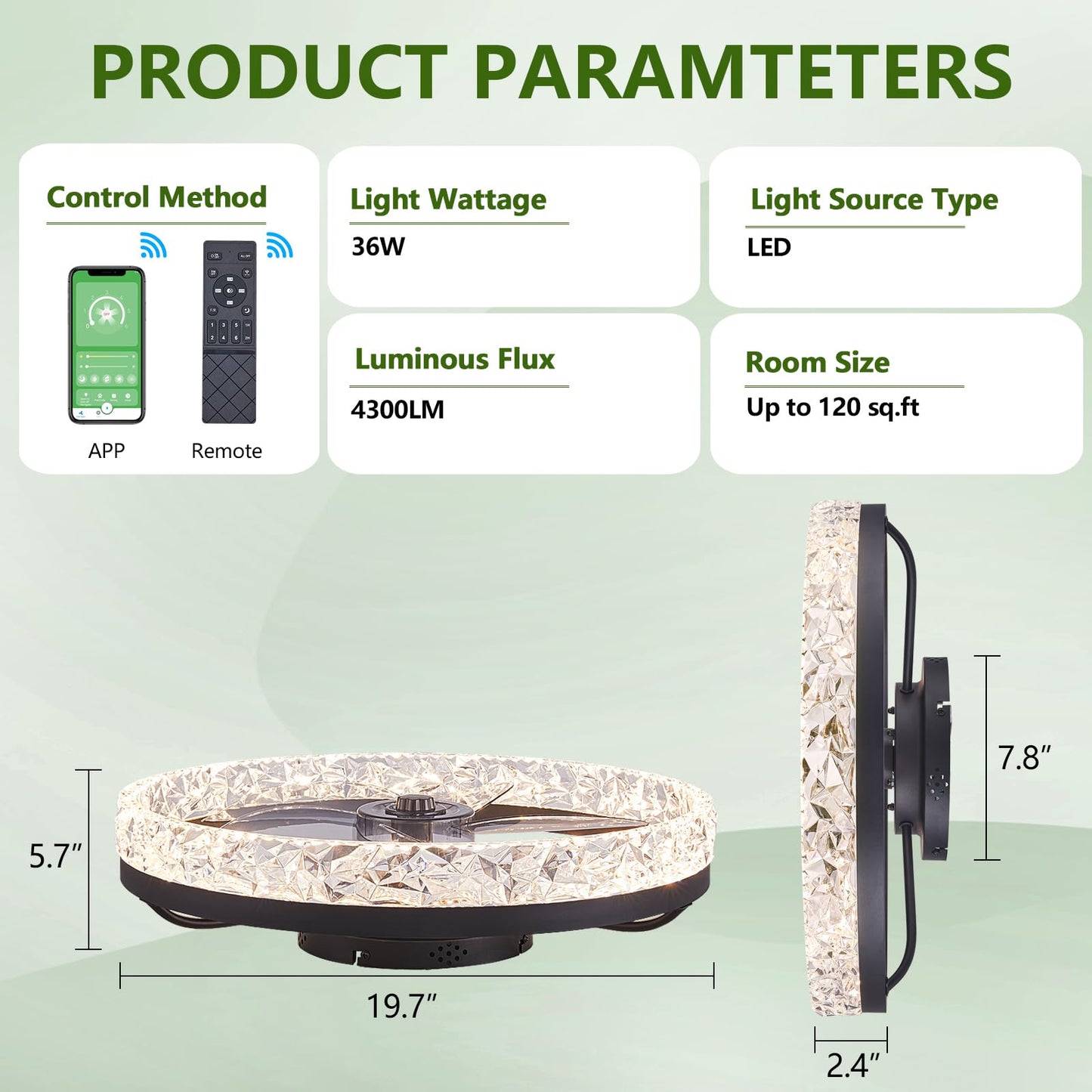 Modern Ceiling Fans with Lights Dimmable, flush mount ceiling fan with lights and remote, 20'' fandelier ceiling fan with light ,bladeless ceiling fan with light for Bedroom Living Room Kitchen