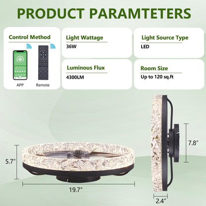 Modern Ceiling Fans with Lights Dimmable, flush mount ceiling fan with lights and remote, 20'' fandelier ceiling fan with light ,bladeless ceiling fan with light for Bedroom Living Room Kitchen