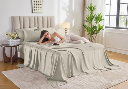 Pure Bamboo Queen Sheets - Luxuriously Soft & Cooling 100% Organic Viscose Bed Set | Birch Color, Double Stitching