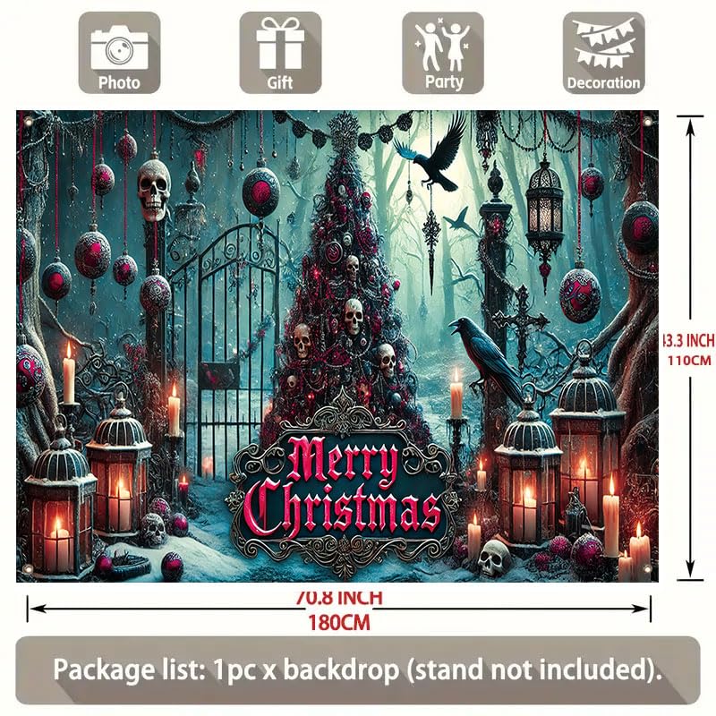 Gothic Christmas Banner Large 71x43 Inch Holiday Fabric Backdrop with Skull Tree Ravens Candles - Multicolored