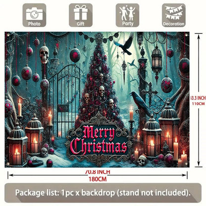 Gothic Christmas Banner Large 71x43 Inch Holiday Fabric Backdrop with Skull Tree Ravens Candles - Multicolored