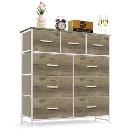 9-Drawer Dresser for Bedroom, Anti-Tip Tall Storage Organizer Chest of Drawers with Wooden Top and Metal Frame Fabric Bins for Closet, Living Room, Hallway, Entryway, Greige Oak