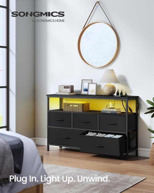 SONGMICS BELLAH Collection - Dresser for Bedroom with App-Controlled LED Lights and Charging Station, Chest of Drawers, TV Stand, 5 Drawers, Shelf, Modern, Ink Black ULGS723BH02S