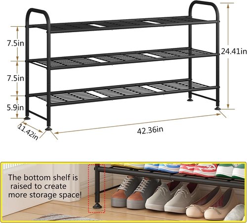LINZINAR Shoe Rack - 3-Tier Metal Organizer for Closet & Entryway - Stylish Black Design