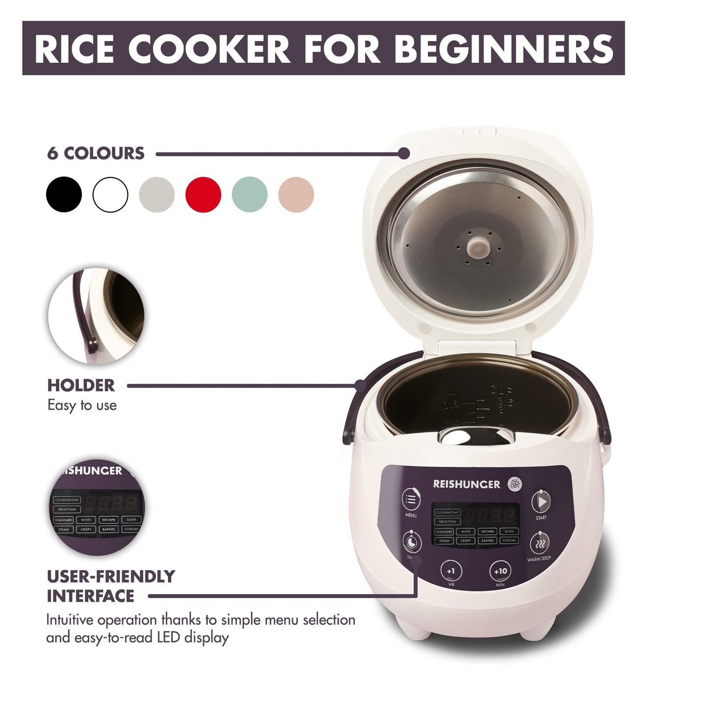 Reishunger Digital Mini Rice Cooker & Steamer, Mint with Keep-Warm Function & Timer - 3.5 Cups - Small Rice Cooker Japanese Style with Ceramic Inner Pot - 8 Programs - 1-3 People