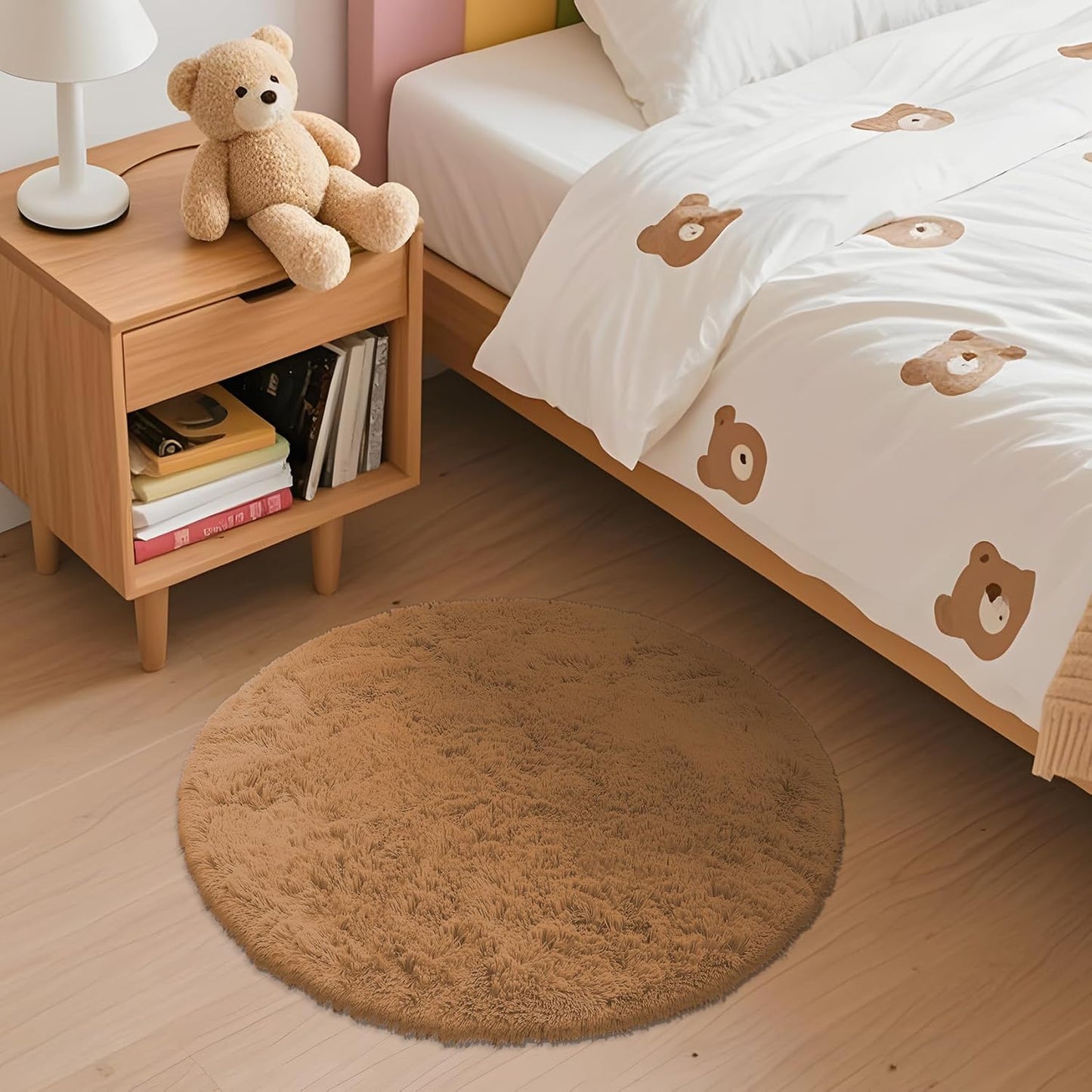 OLANLY Round Khaki Area Rug - Soft, Fluffy, Machine Washable 2 ft Circle Carpet for Bedroom & Nursery Decor