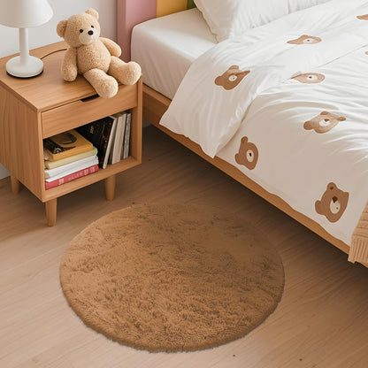 OLANLY Round Khaki Area Rug - Soft, Fluffy, Machine Washable 2 ft Circle Carpet for Bedroom & Nursery Decor