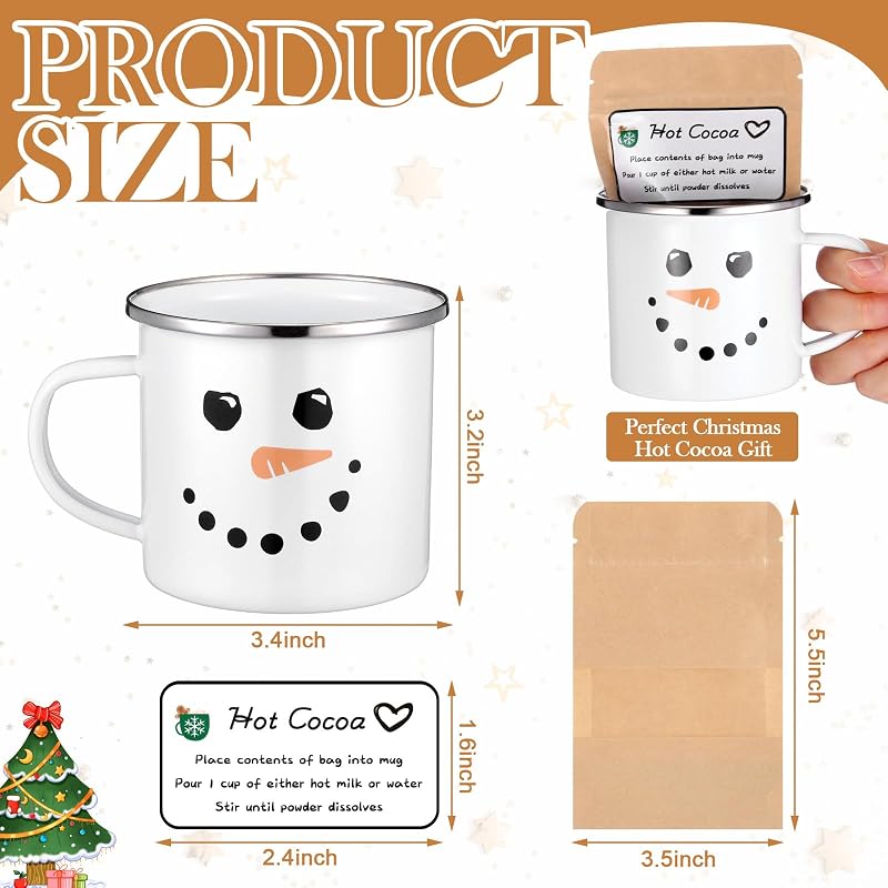 6-Piece Christmas Hot Cocoa Gift Set with Snowman Enamel Mugs, Kraft Pouches & Labels