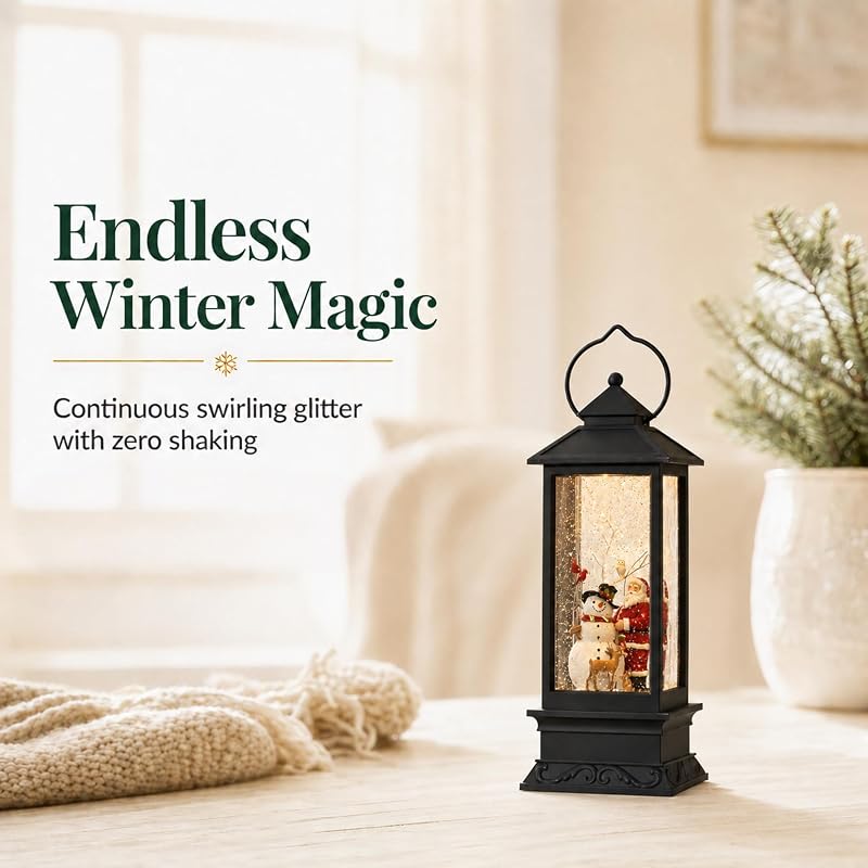 Lighted Snow Globe Lantern - 11 Inch Santa & Snowman Water Globe