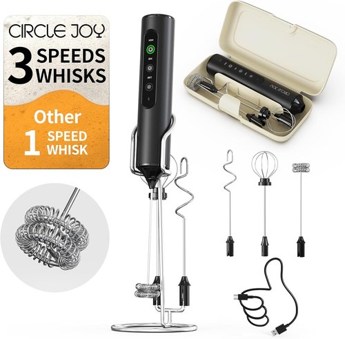 CIRCLE JOY Rechargeable Handheld Milk Frother - 3 Speeds, 3 Whisks & Stand | Perfect for Lattes, Cappuccinos & More