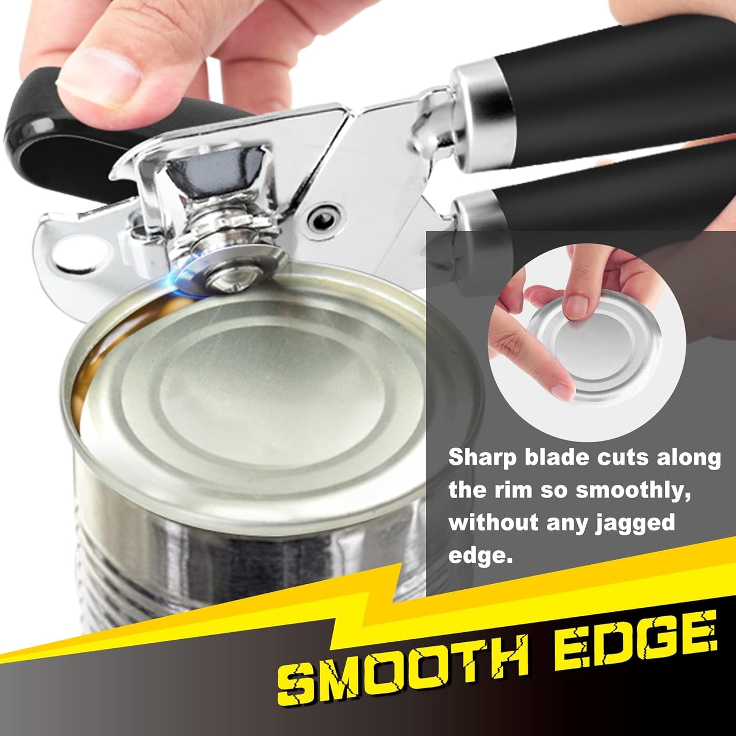 PrinChef Manual Can Opener - Smooth Edge Design for Seniors | Comfortable Grip & Reinforced Gear, Black