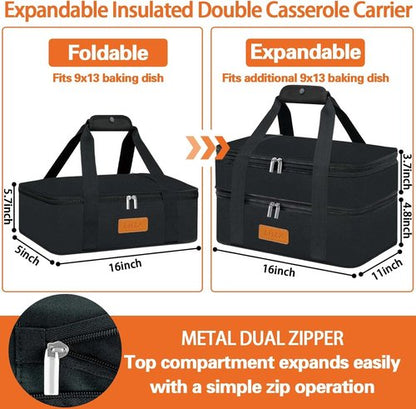 LHZK Insulated Casserole Carrier - Expandable Design for Hot or Cold Food | Fits 11 x 15 or 9 x 13 Dishes (Black)