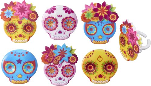 DecoPac Calavera Mask Cupcake Toppers - 24 Día de los Muertos Skull Mask Rings for Celebrations