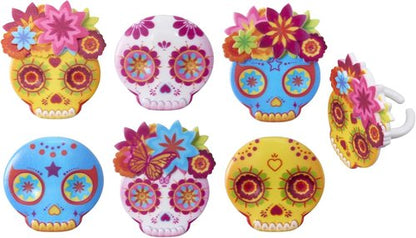 DecoPac Calavera Mask Cupcake Toppers - 24 Día de los Muertos Skull Mask Rings for Celebrations