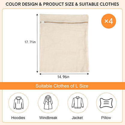 Organic Cotton Mesh Laundry Bags - 4-Piece Set with Sturdy Zippers | Durable & Breathable for Delicate Items