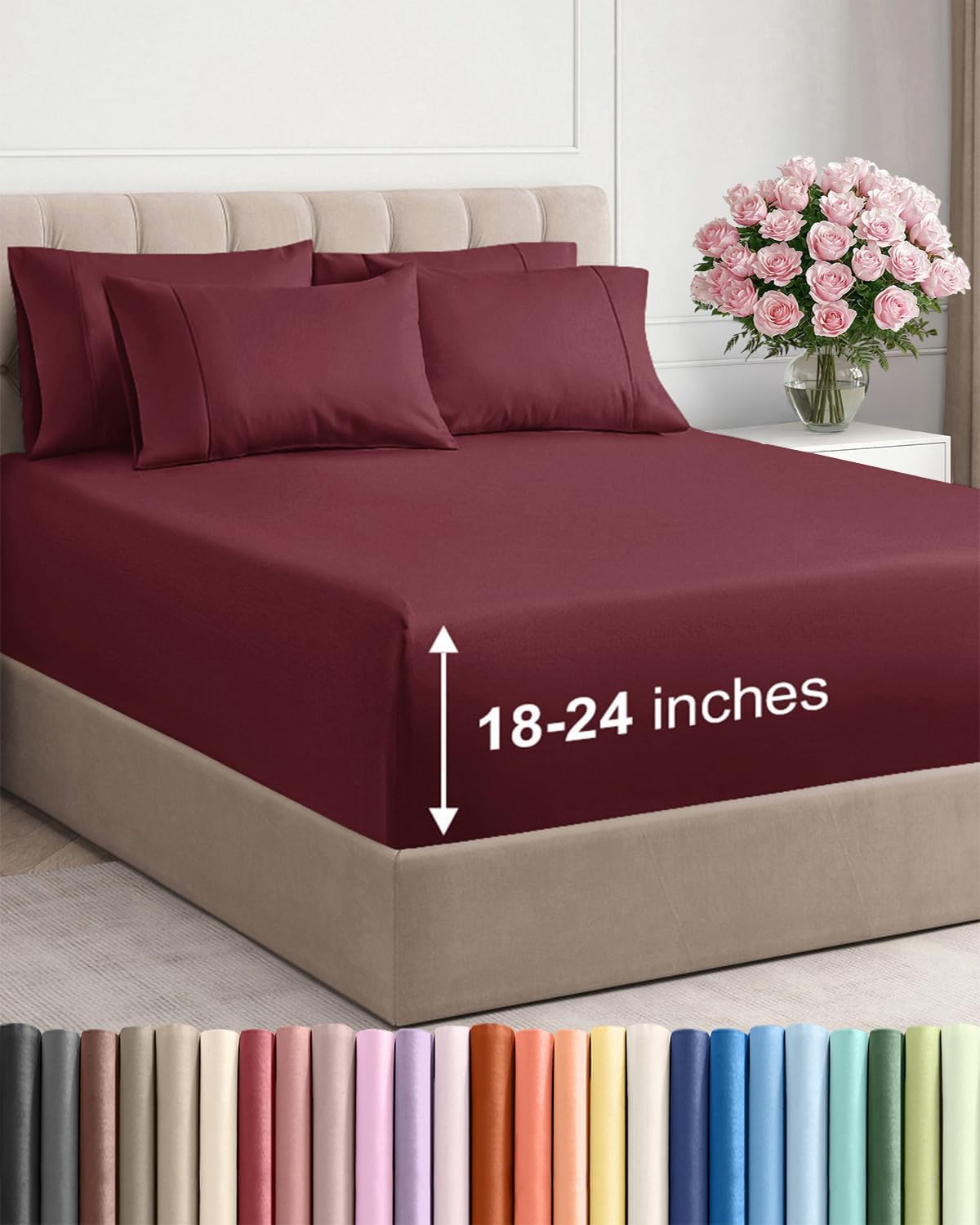 Skiennix Extra Deep Full Sheet Set - 6-Piece Breathable Cooling Bedding - Luxury Hotel Quality - Soft Wrinkle-Free - Burgundy