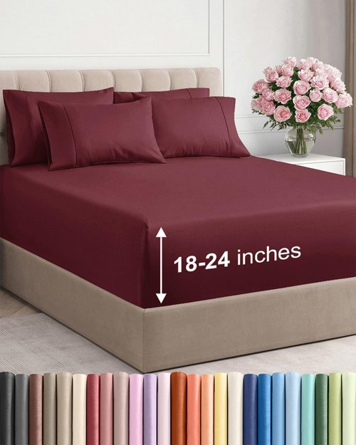 Extra Deep Full Sheet Set - 6 Piece Breathable and Cooling Sheets - Hotel Luxury Bedding for Women, Men, Kids & Teens - Easy & Secure Fit - Soft, Wrinkle Free and Comfy - Extra Deep Pockets - Burgundy