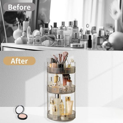 Asayuee 360 Rotating Makeup Organizer - Large 3-Tier Storage for Cosmetics & Skincare | Grey