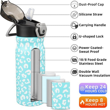BJPKPK Insulated Water Bottle - 18oz Stainless Steel Thermal Flask with Straw & Carry Handle | Sky Blue Leopard