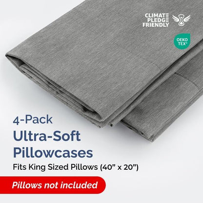 King Pillow Cases by [Brand Name] - Ultra Soft Hotel Quality Covers | Comfy, Cozy & Wrinkle-Free | 4-Piece Set in Heathered Grey