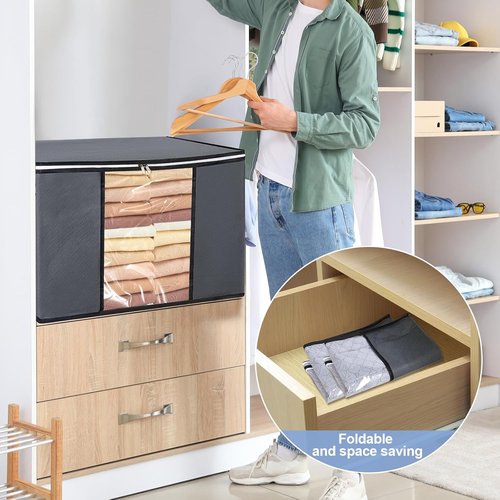 BiCINE 90L Large Clothes Storage Bags - Foldable Blanket & Comforter Bins with Clear Window | Ideal for Bedding, Pillows & Sweaters
