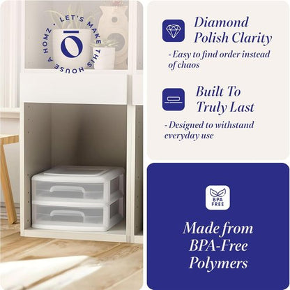 HOMZ 2-Pack Storage Cart - Clear Plastic Drawers, 14.25" Wide, White Frame | Versatile Organizing Solution for Home & Office