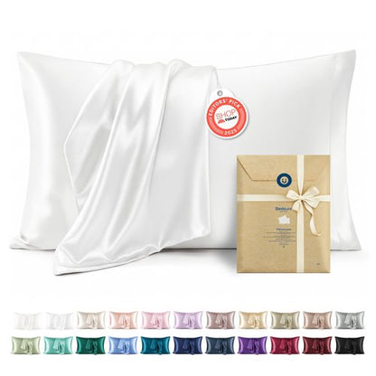 Bedsure Satin Pillowcase 2 Pack Similar to Silk Pillow Cases Standard Size, Pillow Case for Sleeping Women with Envelope Closure, Gifts for Women Men, Pure White, 20x26 Inches, 2pcs