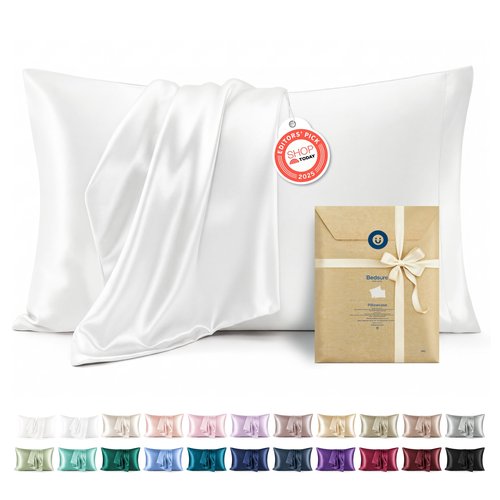 Bedsure Satin Pillowcase 2 Pack Similar to Silk Pillow Cases Standard Size, Pillow Case for Sleeping Women with Envelope Closure, Gifts for Women Men, Pure White, 20x26 Inches, 2pcs