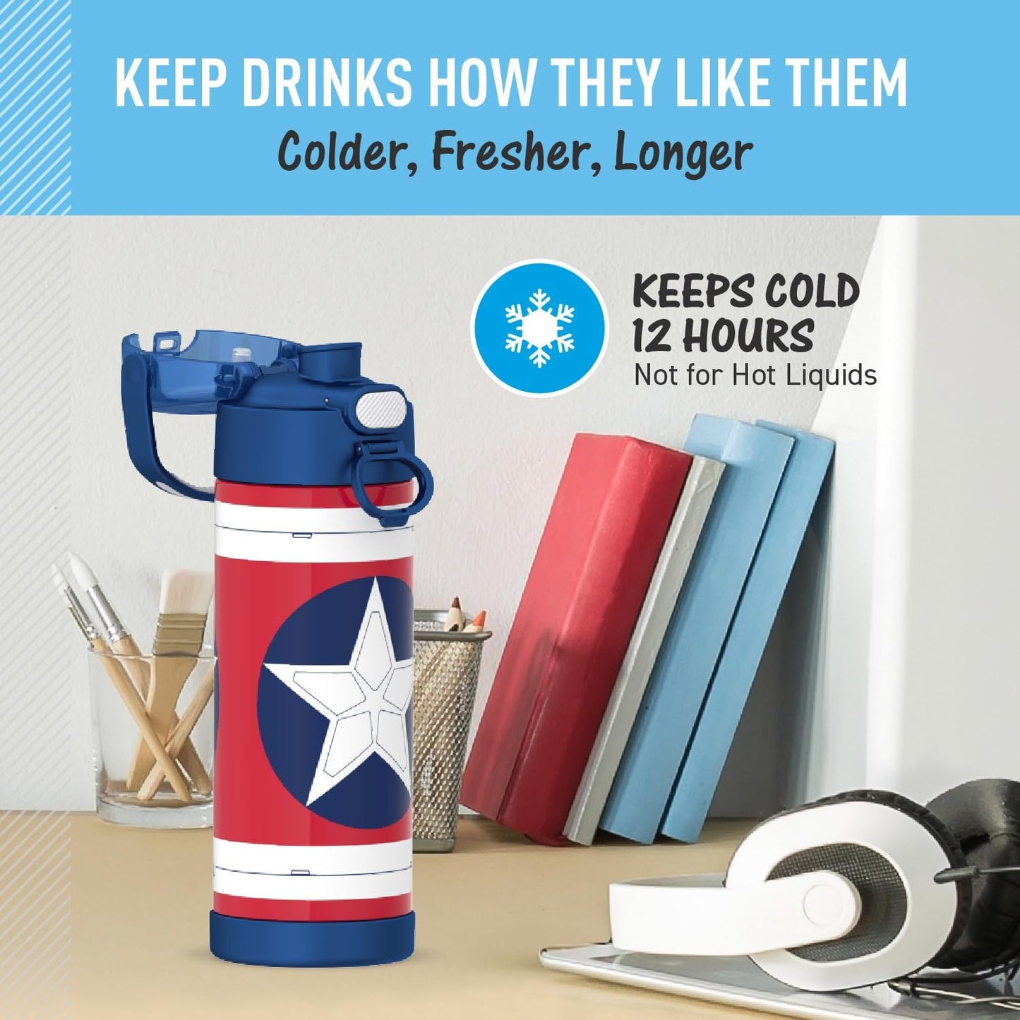 THERMOS FUNTAINER 16 Ounce Stainless Steel Insulated Bottle - Wide Spout Lid, Captain America Design