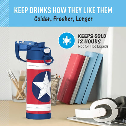 THERMOS FUNTAINER 16 Ounce Stainless Steel Insulated Bottle - Wide Spout Lid, Captain America Design