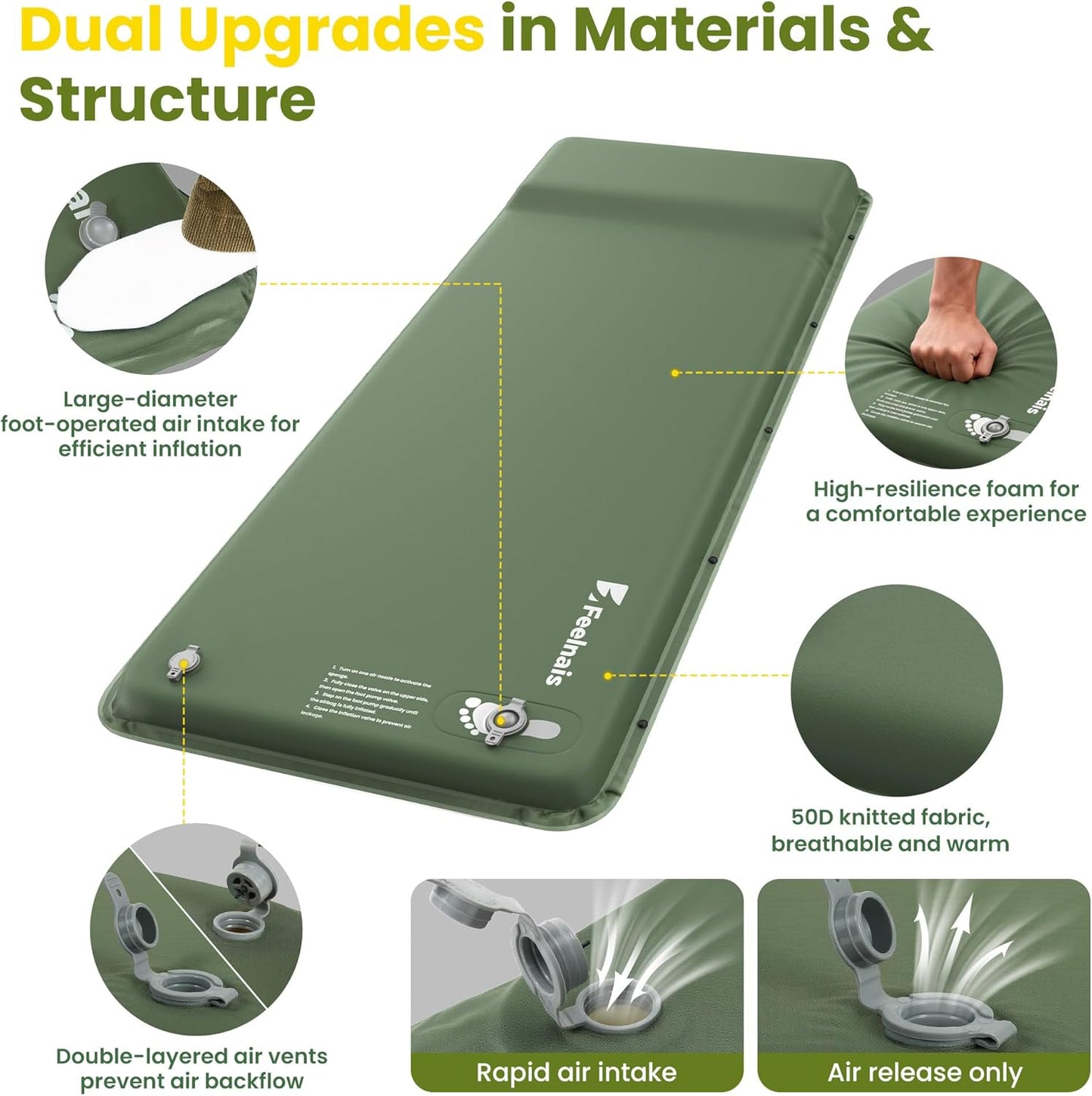 Skiennix Camping Sleeping Pad - Inflatable Memory Foam Mattress with Built-In Foot Pump | Green, 4 Season