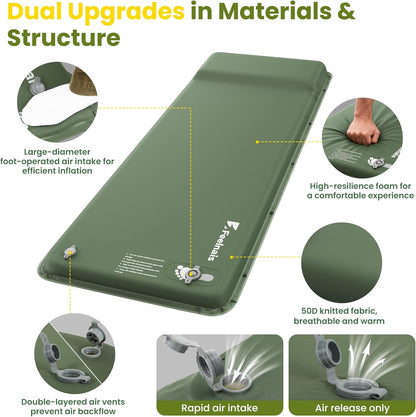 Skiennix Camping Sleeping Pad - Inflatable Memory Foam Mattress with Built-In Foot Pump | Green, 4 Season