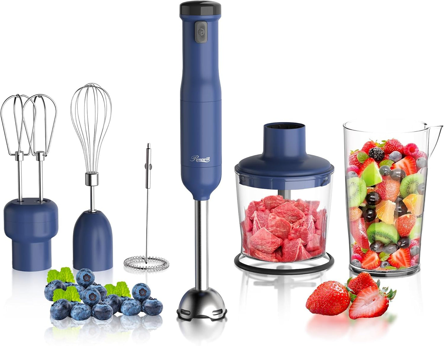 Rosewill 6-in-1 Cordless Immersion Hand Blender - Multi-Speed Heavy Duty Motor | Includes Beaker, Whisk, Chopper, Milk Frother - Perfect for Smoothies, Baby Food, Soup - Blue