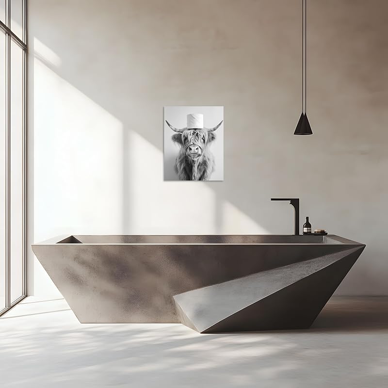 Highland Cow Wall Art 24x36 — Funny Toilet Room Decor, Black & White Canvas