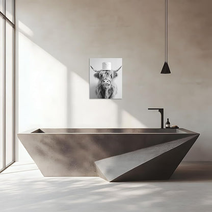 Highland Cow Wall Art 24x36 — Funny Toilet Room Decor, Black & White Canvas