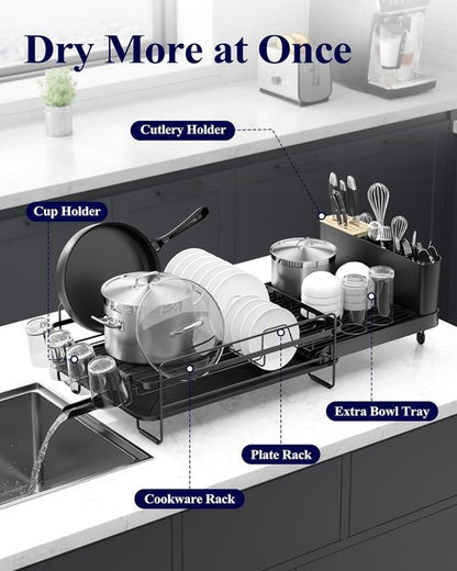 Kitsure Large Dish Drying Rack - Extendable Multifunctional Kitchen Rack with Anti-Rust Design | 19.2"-26.7" L x 12.9" W, Black