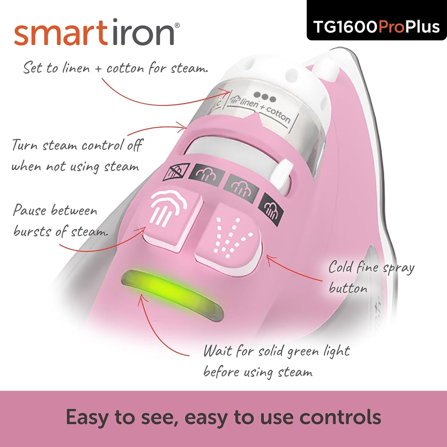 Oliso TG1600 ProPlus Smart Iron - 1800 Watt Steam Iron with Auto-Lift & Diamond Ceramic Soleplate - Rosé