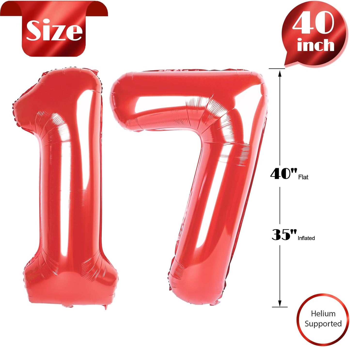 Red Number 17 Balloon - 40 Inch Birthday Decoration for 17th Party | Ideal for Girls & Boys