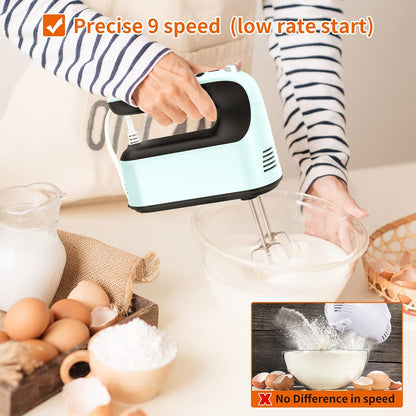 Skiennix 9-Speed Hand Mixer - 400W Powerful Electric Mixer with Snap-On Storage Case & 5 Accessories (Ice Blue/Black)