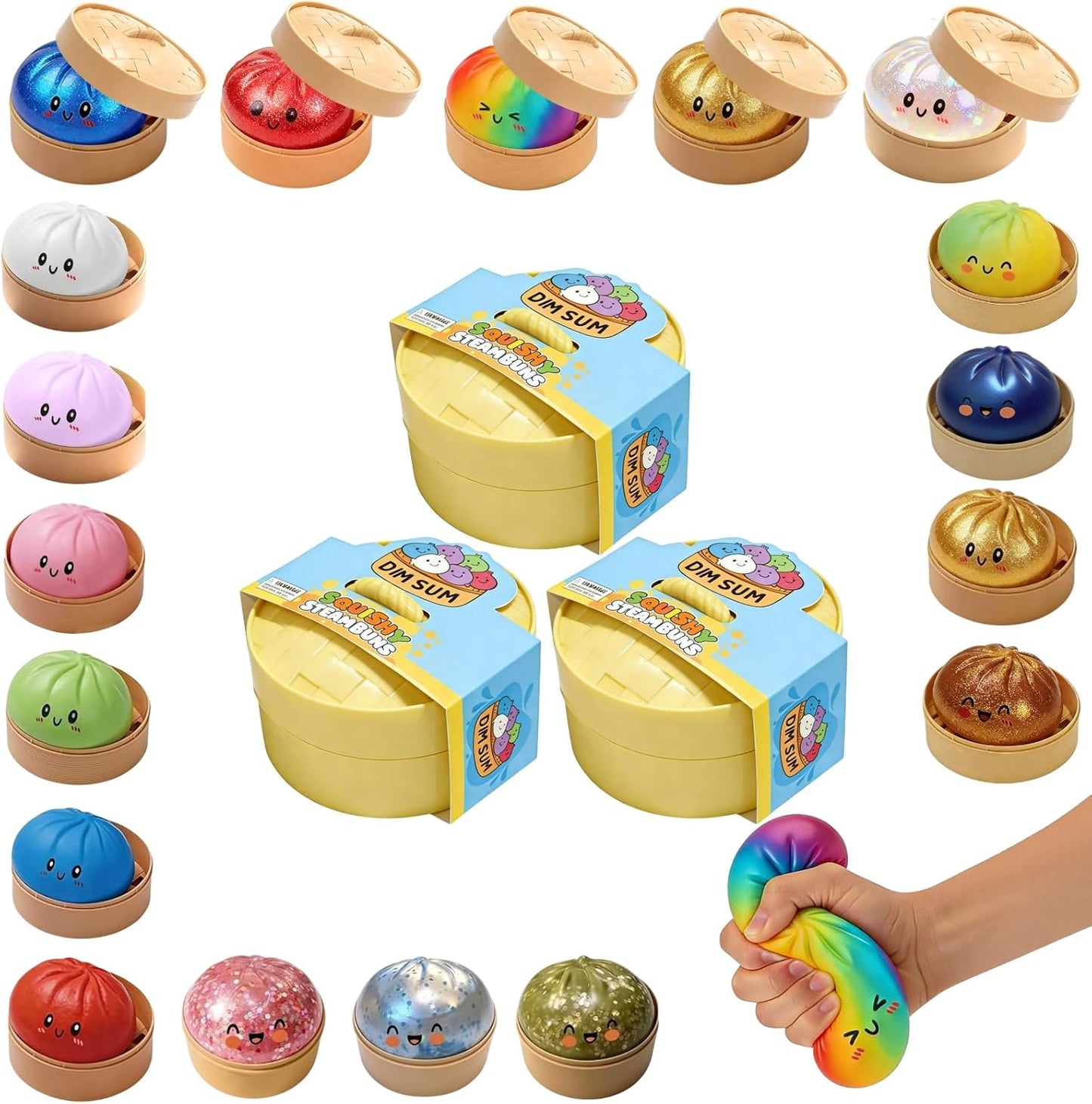 Skiennix Glitter Dumpling Squishy Stress Balls - 4-Inch Surprise Gift Box | Random 14 Colors (3-Pack)