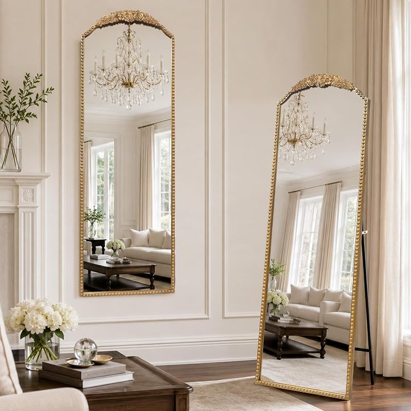 Arched Full-Length Mirror 22x65 in Vintage Gold Beaded Frame - Freestanding or Leaning