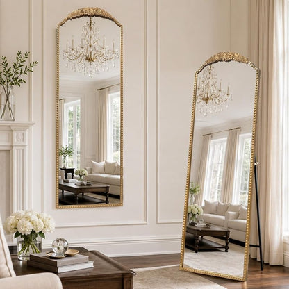 Arched Full-Length Mirror 22x65 in Vintage Gold Beaded Frame - Freestanding or Leaning
