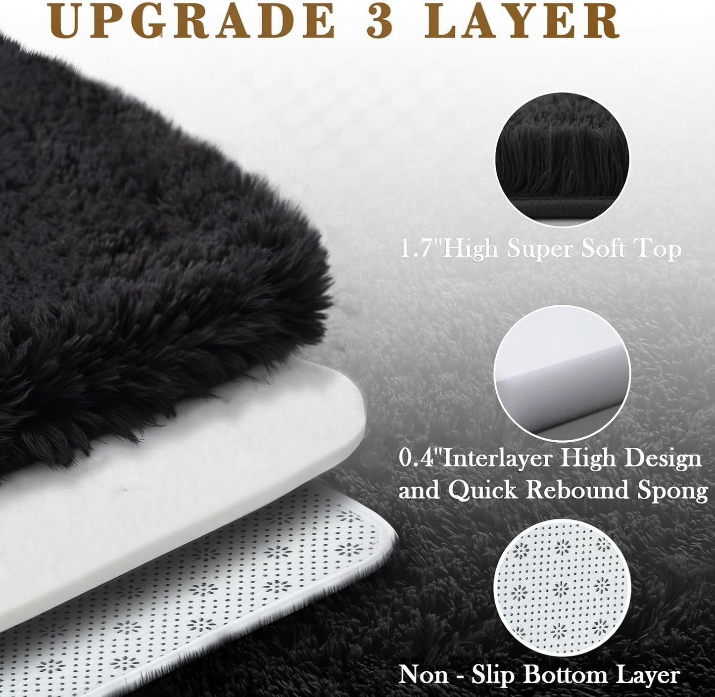 Skiennix Small Area Rug - Modern Black Shag Carpet for Bedroom | Fluffy 2x3 Feet Dorm Mat