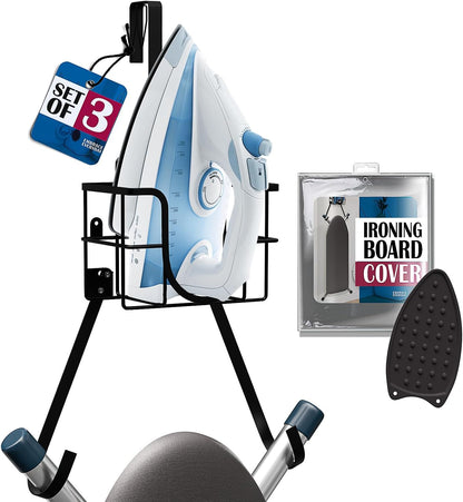 T&V Ironing Board Holder - Wall Mount & Over The Door Hanger for Laundry Room | Heat Reflective & Stain Resistant Cover Set