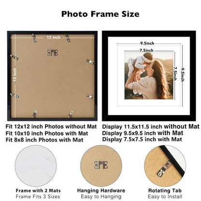 JCJMY 9 Pack 12x12 Picture Frame Gallery Wall Frame Set for 8x8 or 10x10 with 2 Mats or 12x12 Without Mat, Square Collage Wall Decor Photo Frames Bulk Set of 9 for Wall Hanging, Black