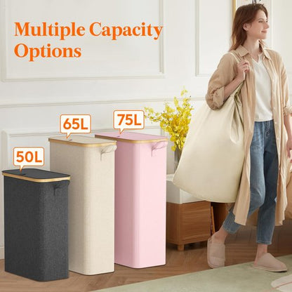 Lifewit 65L Slim Laundry Hamper with Lid, Narrow Laundry Basket with Removable Bag & Bamboo Handles, Fodable Thin Dirty Clothes Hamper for Laundry Collapsible Bin for Bathroom Bedroom Dorm, White