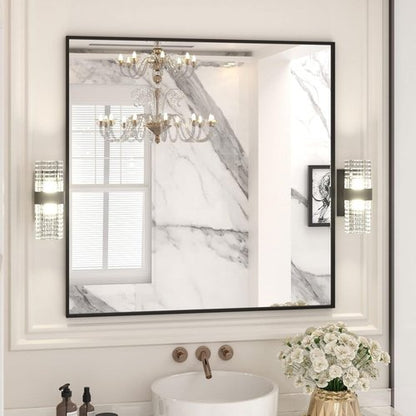 LOAAO Black Rectangle Bathroom Mirror - 36" x 36" Matte Black Aluminum Frame, Tempered Glass, Versatile Hanging Options